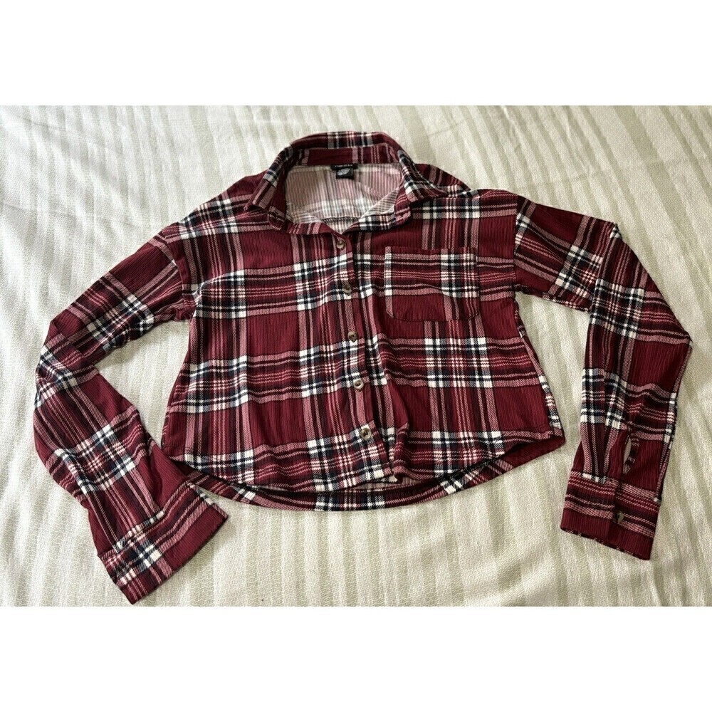 RUE 21 Soft Red Plaid Button Down Long Sleeved Shirt Women's Juniors Sz XS